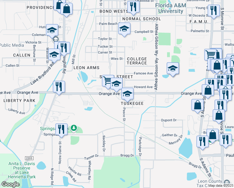 map of restaurants, bars, coffee shops, grocery stores, and more near 723 West Orange Avenue in Tallahassee