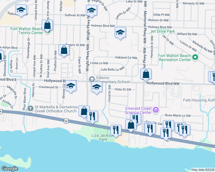 map of restaurants, bars, coffee shops, grocery stores, and more near 332 Hollywood Boulevard Northwest in Fort Walton Beach