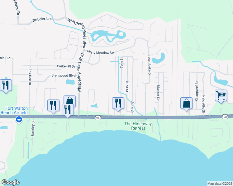 map of restaurants, bars, coffee shops, grocery stores, and more near 2180 Jeannie Street in Navarre