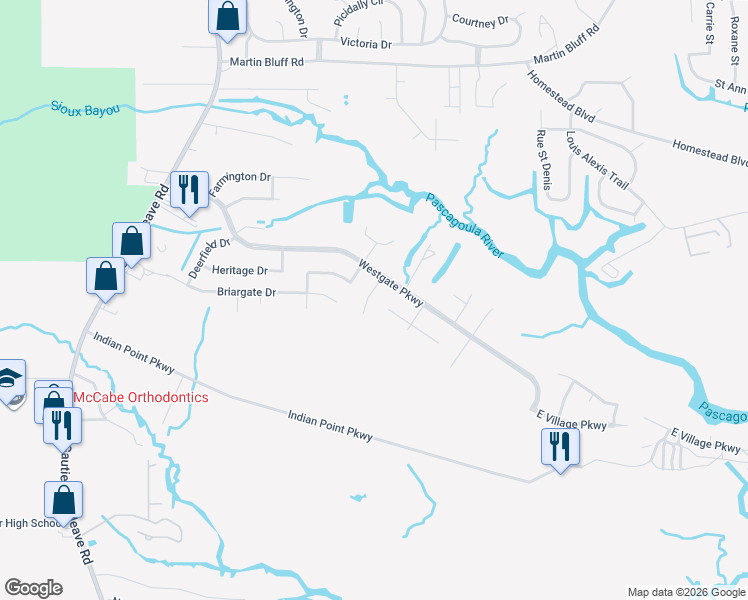 map of restaurants, bars, coffee shops, grocery stores, and more near 4912 Fairwood Drive in Gautier