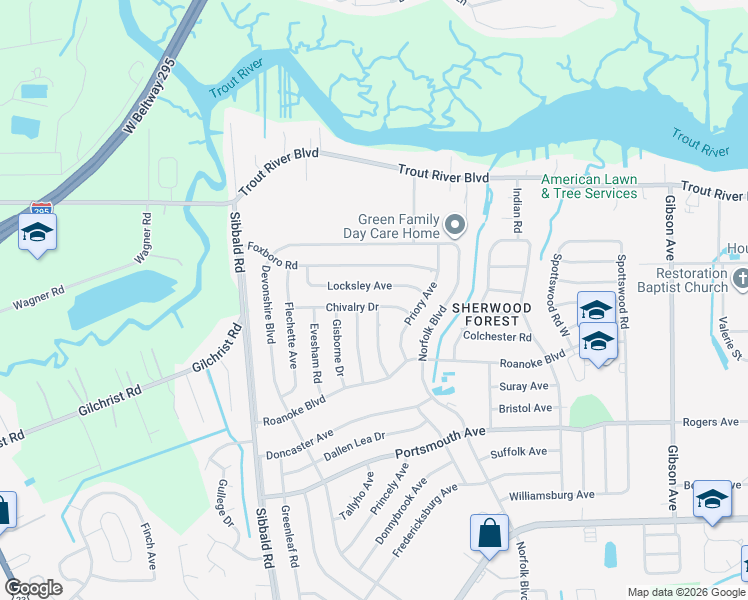 map of restaurants, bars, coffee shops, grocery stores, and more near 5005 Chivalry Drive in Jacksonville