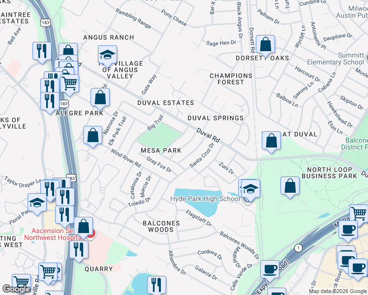 map of restaurants, bars, coffee shops, grocery stores, and more near 11703 Shoshone Drive in Austin