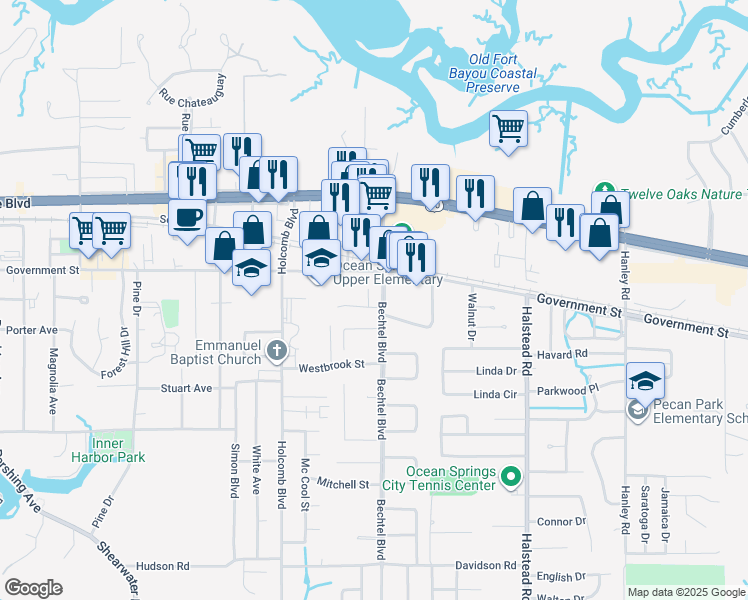 map of restaurants, bars, coffee shops, grocery stores, and more near 508 Heatherstone Circle in Ocean Springs