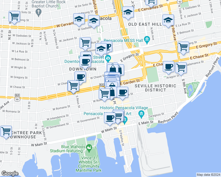 map of restaurants, bars, coffee shops, grocery stores, and more near 19 West Garden Street in Pensacola