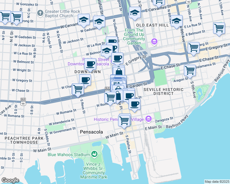 map of restaurants, bars, coffee shops, grocery stores, and more near 19 West Garden Street in Pensacola