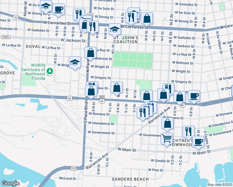 map of restaurants, bars, coffee shops, grocery stores, and more near 14 North K Street in Pensacola