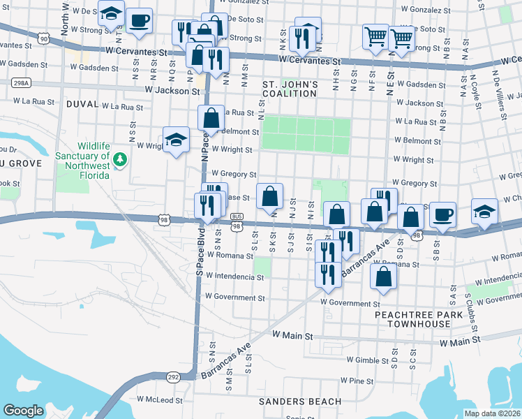 map of restaurants, bars, coffee shops, grocery stores, and more near 11 North L Street in Pensacola