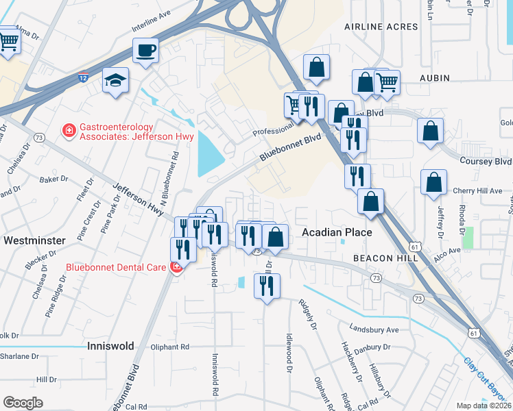map of restaurants, bars, coffee shops, grocery stores, and more near 9919 Jefferson Highway in Baton Rouge