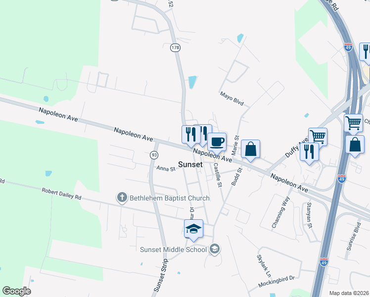 map of restaurants, bars, coffee shops, grocery stores, and more near 129-447 Pershing Highway in Sunset
