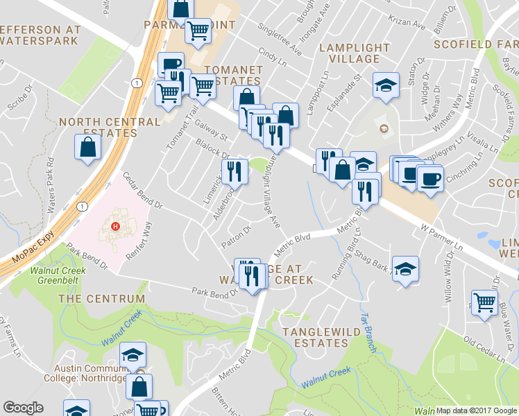 map of restaurants, bars, coffee shops, grocery stores, and more near 2009 Pipers Field Drive in Austin