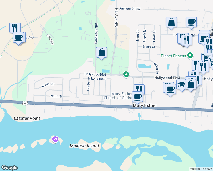 map of restaurants, bars, coffee shops, grocery stores, and more near 250 Destin Drive in Mary Esther