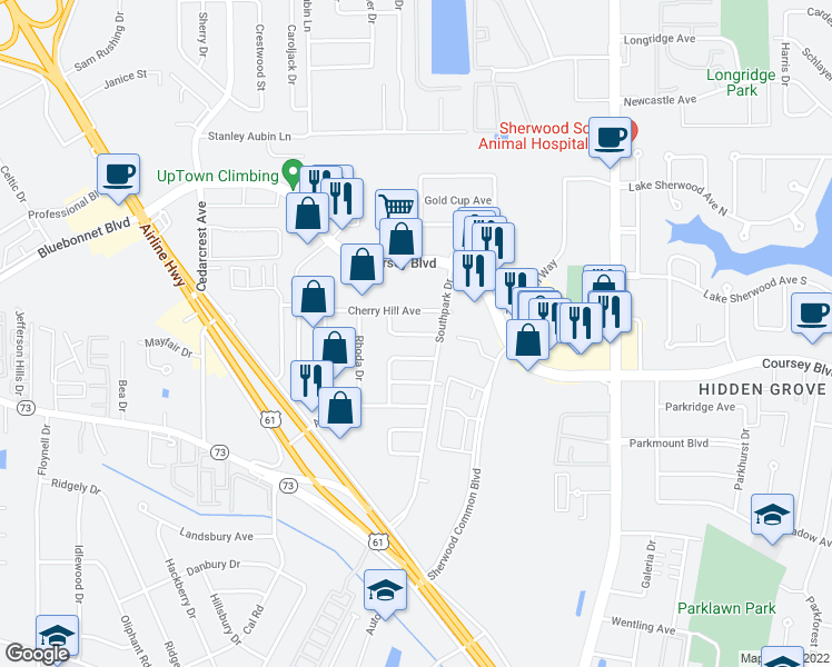 map of restaurants, bars, coffee shops, grocery stores, and more near Leton Drive in Baton Rouge