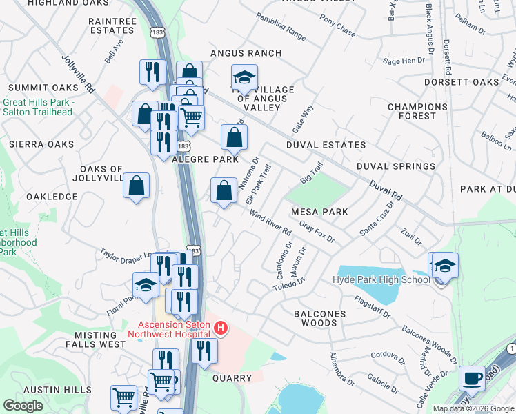 map of restaurants, bars, coffee shops, grocery stores, and more near 11600 Fast Horse Drive in Austin