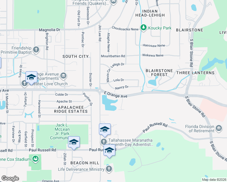 map of restaurants, bars, coffee shops, grocery stores, and more near 1313 Nancy Drive in Tallahassee