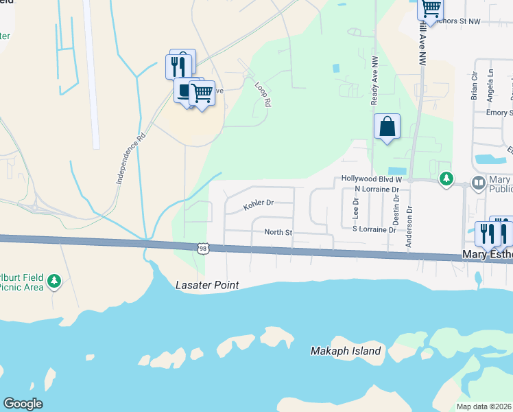 map of restaurants, bars, coffee shops, grocery stores, and more near 22 Kohler Drive in Mary Esther