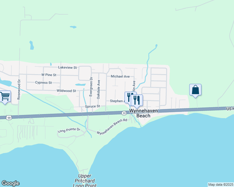 map of restaurants, bars, coffee shops, grocery stores, and more near 451 Chris Lane in Mary Esther
