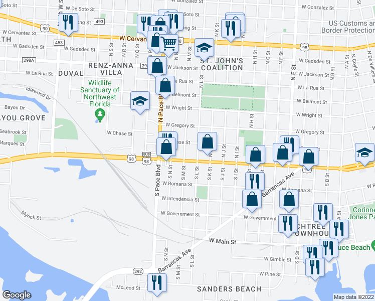 map of restaurants, bars, coffee shops, grocery stores, and more near 1920 West Garden Street in Pensacola
