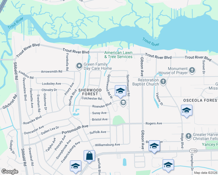 map of restaurants, bars, coffee shops, grocery stores, and more near 9617 Spottswood Road North in Jacksonville