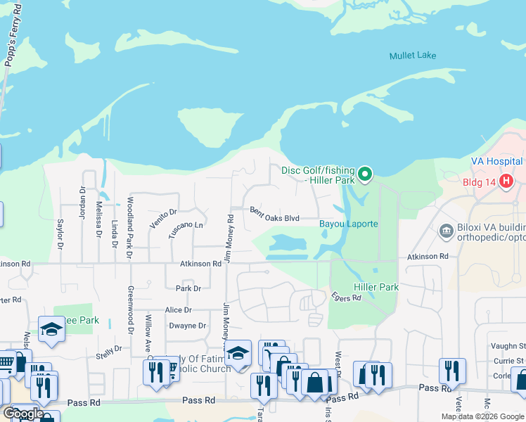 map of restaurants, bars, coffee shops, grocery stores, and more near 2032 Bent Oaks Boulevard in Biloxi