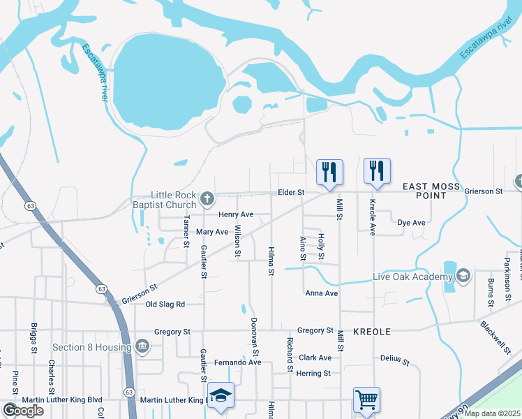 map of restaurants, bars, coffee shops, grocery stores, and more near 6707 Henry Avenue in Moss Point