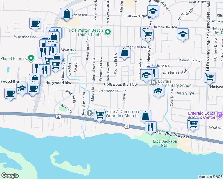 map of restaurants, bars, coffee shops, grocery stores, and more near 721 Crestwood Street in Mary Esther