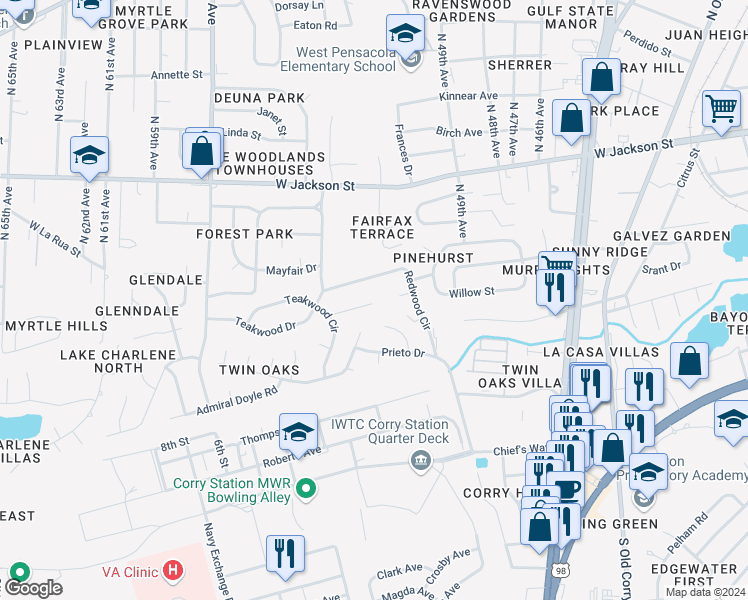 map of restaurants, bars, coffee shops, grocery stores, and more near 4916 Catalina Circle in Pensacola
