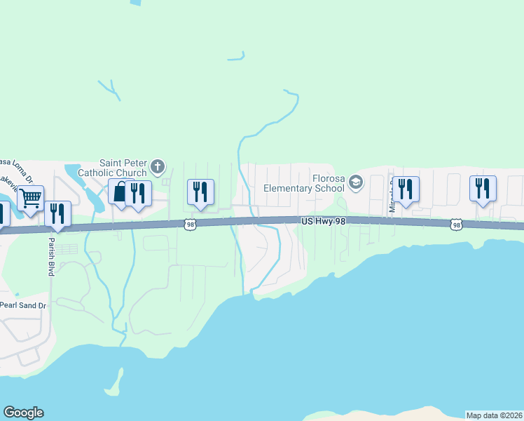 map of restaurants, bars, coffee shops, grocery stores, and more near 802 Hilltop Road in Mary Esther