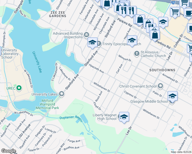 map of restaurants, bars, coffee shops, grocery stores, and more near 1484 Cloverdale Avenue in Baton Rouge