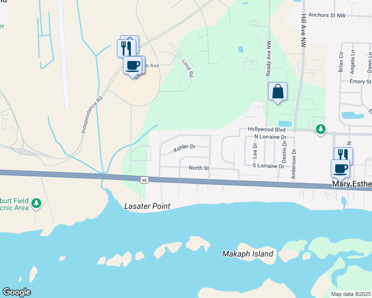 map of restaurants, bars, coffee shops, grocery stores, and more near 22 Kohler Drive in Mary Esther