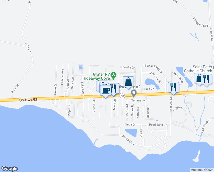 map of restaurants, bars, coffee shops, grocery stores, and more near 53 Brenda Lane in Mary Esther