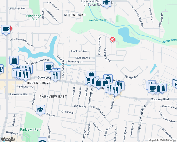 map of restaurants, bars, coffee shops, grocery stores, and more near 4442 Stumberg Lane in Baton Rouge