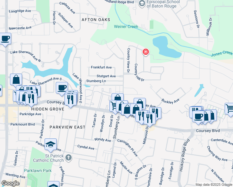 map of restaurants, bars, coffee shops, grocery stores, and more near 4442 Stumberg Lane in Baton Rouge