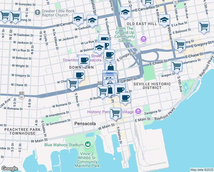 map of restaurants, bars, coffee shops, grocery stores, and more near 19 West Garden Street in Pensacola