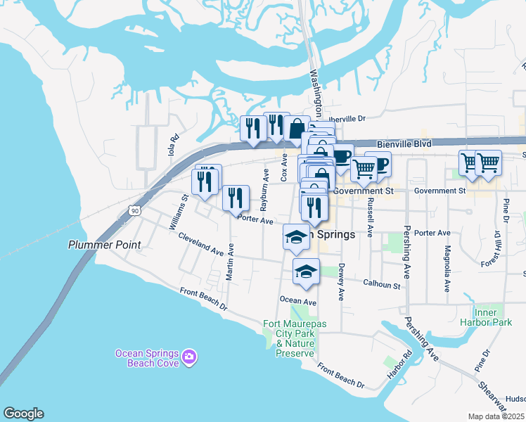 map of restaurants, bars, coffee shops, grocery stores, and more near Rayburn Avenue in Ocean Springs