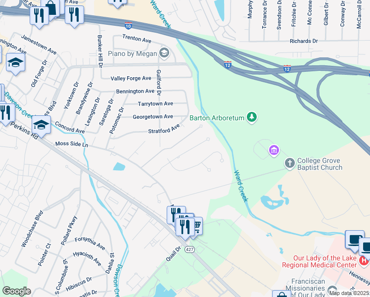 map of restaurants, bars, coffee shops, grocery stores, and more near 6433 Peggy Street in Baton Rouge