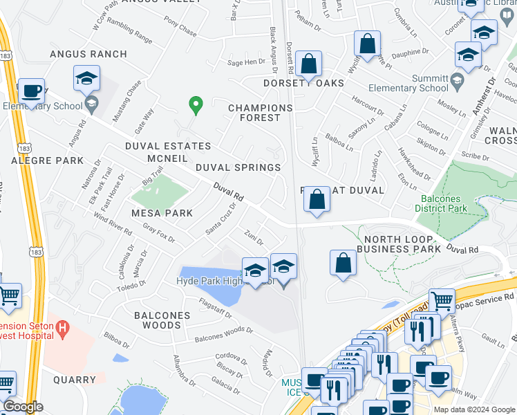 map of restaurants, bars, coffee shops, grocery stores, and more near Duval Rd & Whispering Valley Dr in Austin