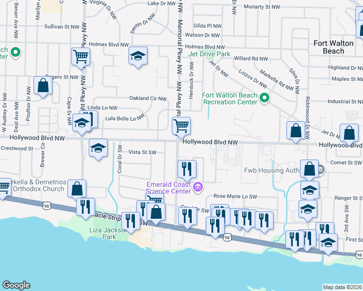 map of restaurants, bars, coffee shops, grocery stores, and more near 4 Memorial Parkway Southwest in Fort Walton Beach