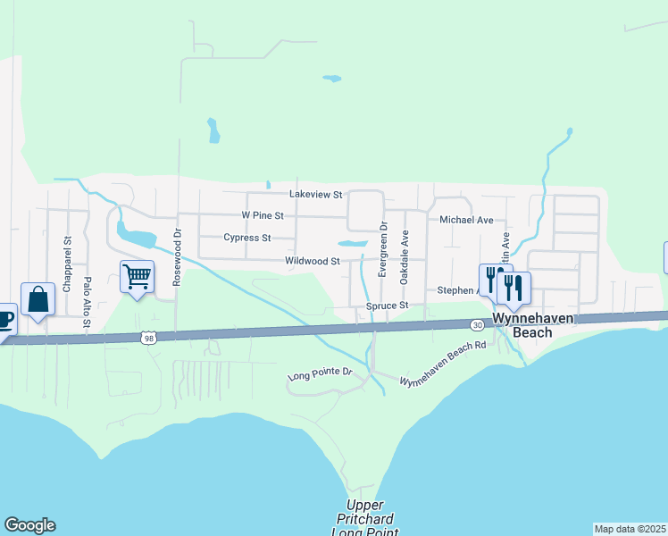 map of restaurants, bars, coffee shops, grocery stores, and more near 405 Wildwood Street in Mary Esther
