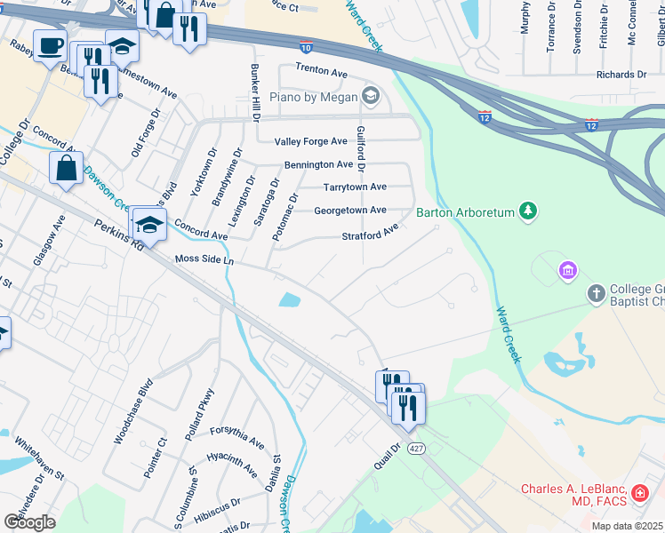 map of restaurants, bars, coffee shops, grocery stores, and more near 6234 Krista Lane in Baton Rouge