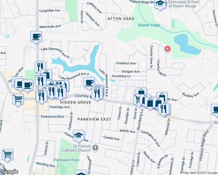 map of restaurants, bars, coffee shops, grocery stores, and more near 4505 Lake Sherwood Avenue South in Baton Rouge