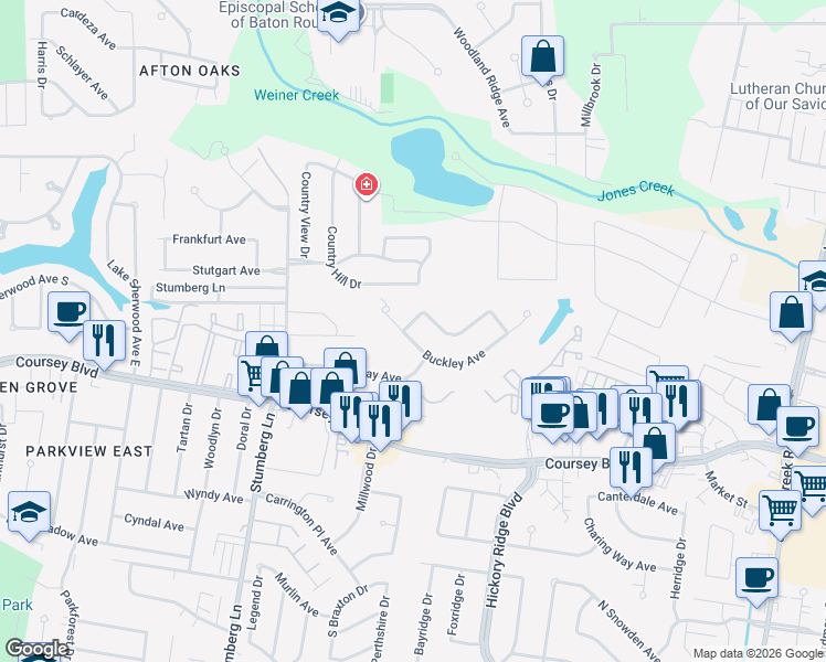 map of restaurants, bars, coffee shops, grocery stores, and more near 13323 Buckley Avenue in Baton Rouge