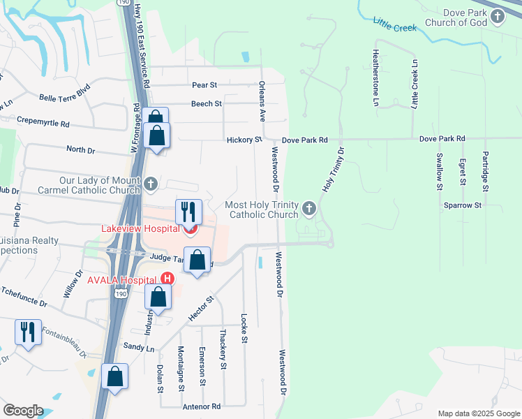 map of restaurants, bars, coffee shops, grocery stores, and more near 403 Colonial Ct in Mandeville