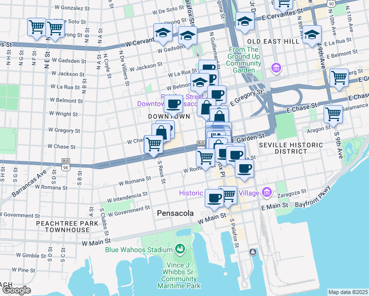 map of restaurants, bars, coffee shops, grocery stores, and more near West Garden Street & North Spring Street in Pensacola