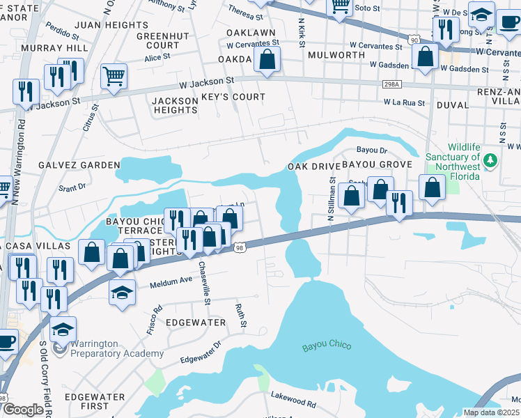 map of restaurants, bars, coffee shops, grocery stores, and more near 212 North Pinewood Lane in Pensacola