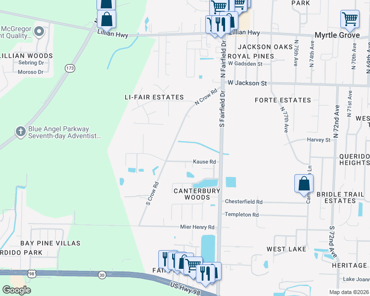 map of restaurants, bars, coffee shops, grocery stores, and more near 50 North Crow Road in Pensacola