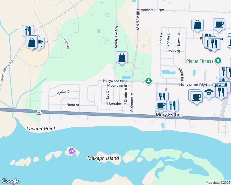 map of restaurants, bars, coffee shops, grocery stores, and more near 250 Gregory Drive in Mary Esther