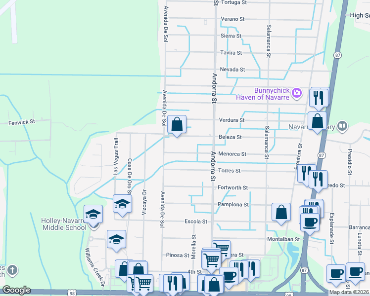 map of restaurants, bars, coffee shops, grocery stores, and more near 8110 Menorca Street in Navarre