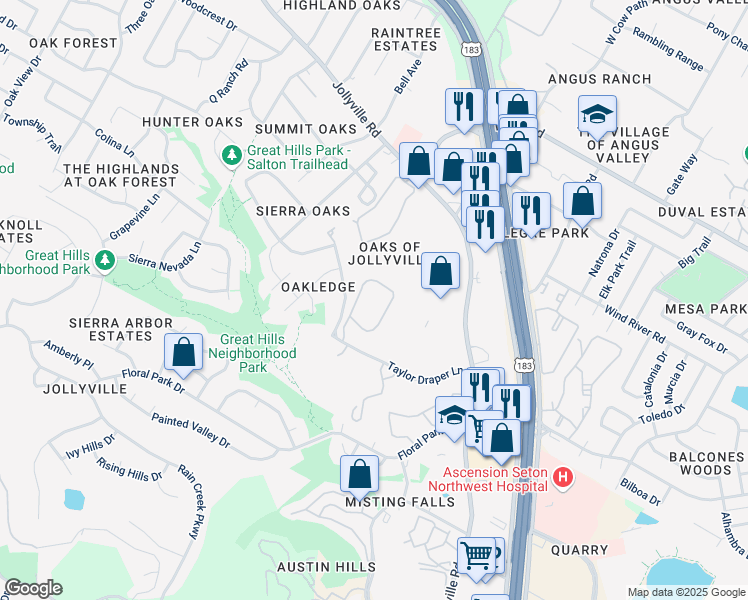 map of restaurants, bars, coffee shops, grocery stores, and more near 11279 Taylor Draper Lane in Austin