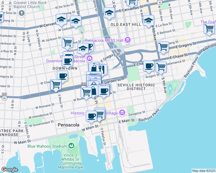 map of restaurants, bars, coffee shops, grocery stores, and more near 21 South Tarragona Street in Pensacola