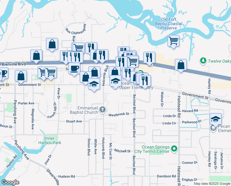 map of restaurants, bars, coffee shops, grocery stores, and more near 2320 Government Street in Ocean Springs